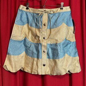 NWT Vintage Marc Jacobs Leather Skirt | A-Line Lt Blue & Gold w Scalloped Hem